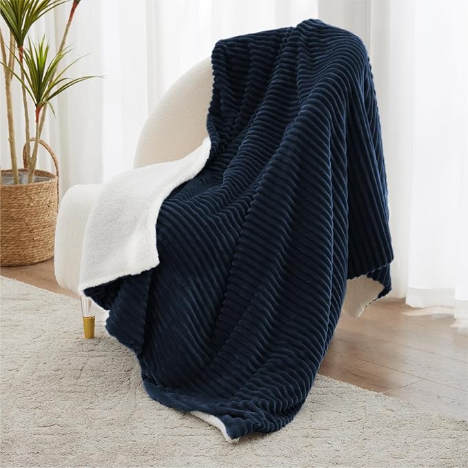 Sherpa Twin Blanket for Bed - Soft Cozy Fleece, Warm for Winter, Reversible for Sofa, Navy, 60 x 80 Inches