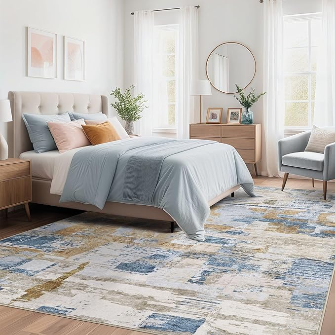 Abstract Living Room Rug 5x8 - Modern Washable Soft Thin Area Rug for Living Room Bedroom Under Dining Table - Neutral Indoor Floor Rug Carpets for Home Office Playroom Nursery - Blue Gold