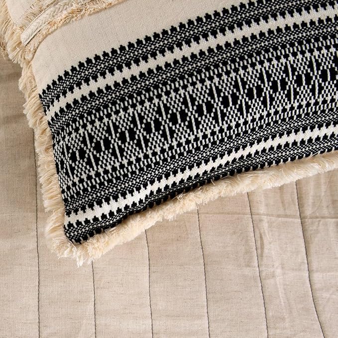 The HomeCentric Beige Bed Runner, Full Size 68"x18" Decorative Bed Runner with Matching Pillow Cover, Beige & Black Linen Bed Scarf in Quilted, Natural Linen with Lace - Moroccan Vibe