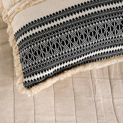 The HomeCentric Beige Bed Runner, Full Size 68"x18" Decorative Bed Runner with Matching Pillow Cover, Beige & Black Linen Bed Scarf in Quilted, Natural Linen with Lace - Moroccan Vibe