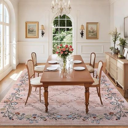 GarveeHome 4x6 Washable Floral Area Rugs for Living Room: Modern Floral Non Slip Large Area Rugs for Bedroom, Large Machine Washable Living Room Low Pile Carpet with Non-Slip Backing Pink 4 ft x6 ft.