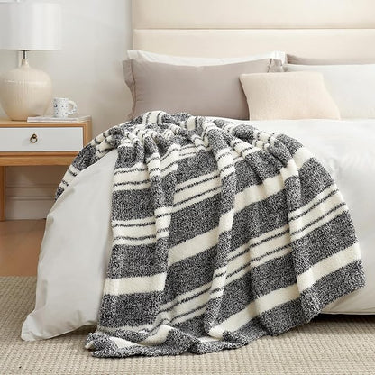 Snuggle Sac Queen Size Bed Blanket Stripe Black, Super Soft Warm Bedding Blankets Cozy Knit Fuzzy Plush Blankets for Bed, Living Room, Stripe Black, Queen 90"x90"