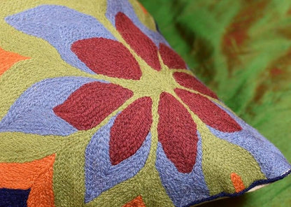 Blue Floral Pillow Cover | Navy Flower Throw Pillow | Outdoor Suzani Cushions | Hand Embroidered Chair Cushion | Wool Size - 18x18
