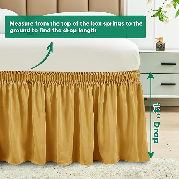 Biscaynebay Wrap Around Bed Skirts for Queen Beds 14" Drop, Christmas Gold Adjustable Elastic Dust Ruffles Easy Fit Wrinkle Resistant Silky Luxurious Fabric Machine Washable