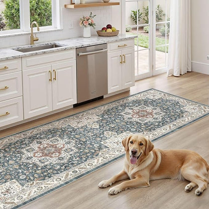 Vintage Hallway Runner Rug 3x8: Large Soft Washable Entryway for Kitchen Laundry Room Non-Slip Backing Runner for Entrance Living Room Bedroom Bathroom - Vintage Blue