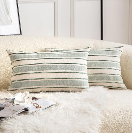 Decorative Boho Lumbar Throw Pillow Covers, Farmhouse Textured Pillow Case, 12 x 20 Inch Set of 2, Chair Sofa Bedroom Living Room Home Decor Couch Cushion Case, Green and Beige