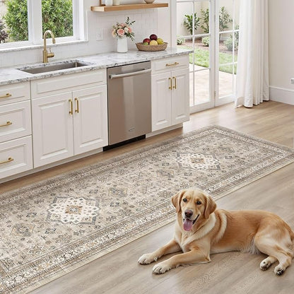 Vintage Hallway Runner Rug 3x14: Large Soft Washable Entryway for Kitchen Laundry Room Non-Slip Backing Runner for Entrance Living Room Bedroom Bathroom - Beige