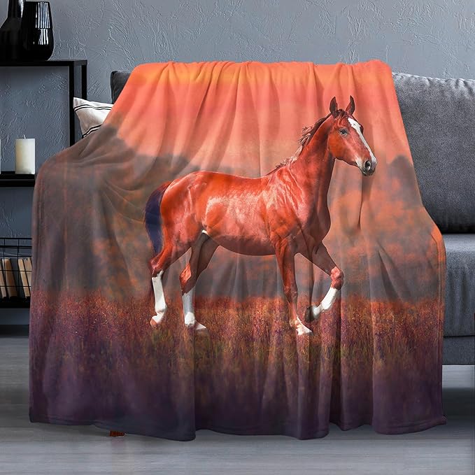 Sunset Horse Throw Blanket for Couch, Super Soft Fuzzy Throws Warm Comfortable Plush Fleece Blanket, Fashion Decorative Flannel Fleece Blanket for All Season(50 x 60 in, Horse & Sunset)