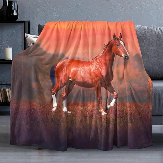 Sunset Horse Throw Blanket for Couch, Super Soft Fuzzy Throws Warm Comfortable Plush Fleece Blanket, Fashion Decorative Flannel Fleece Blanket for All Season(50 x 60 in, Horse & Sunset)