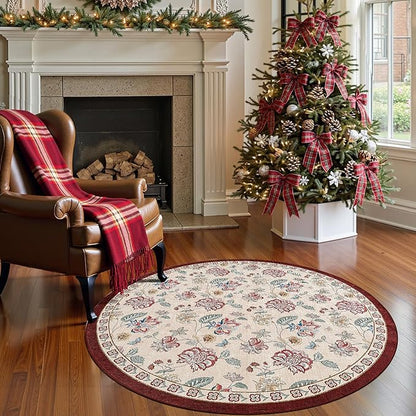 jinchan Elora 4ft Floral Round Rug for Entryway Washable Rug Vintage Romance Christmas Design Non Slip Indoor Doormat Lightweight Low-Profile Throw Carpet for Living Room Dining Room, Red/Beige