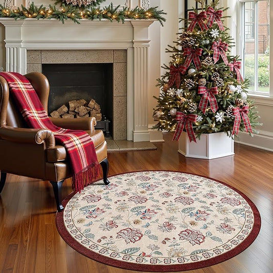 jinchan Elora 4ft Floral Round Rug for Entryway Washable Rug Vintage Romance Christmas Design Non Slip Indoor Doormat Lightweight Low-Profile Throw Carpet for Living Room Dining Room, Red/Beige