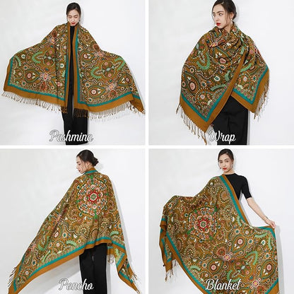 DANA XU 100% Merino Wool Pashmina Shawl for Women 96"x43", Oversized Cashmere Wrap with Tassels, Floral Travel Blanket Cape