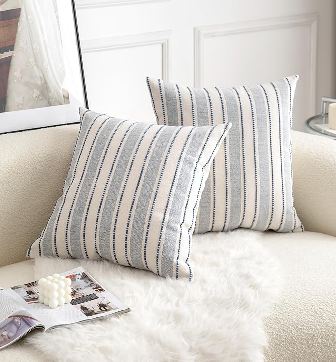 Decorative Boho Throw Pillow Covers, Farmhouse Textured Pillow Case, 20 x 20 Inch Set of 2, Chair Sofa Bedroom Living Room Home Decor Couch Cushion Case, Classic Blue and Beige Striped