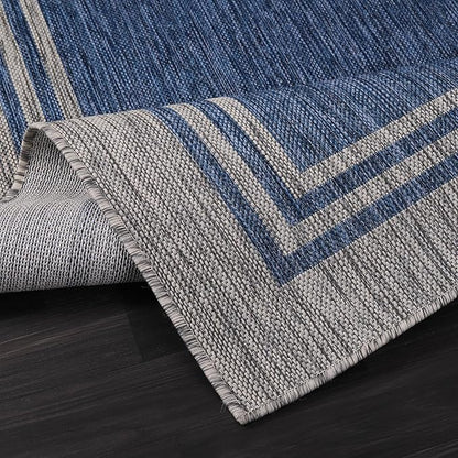 Bordered Outdoor Rug 9x12 Washable Outside Carpet for Indoor Patio Porch Waterproof Easy Cleaning Non Shedding Area Rugs Navy 9 x 12