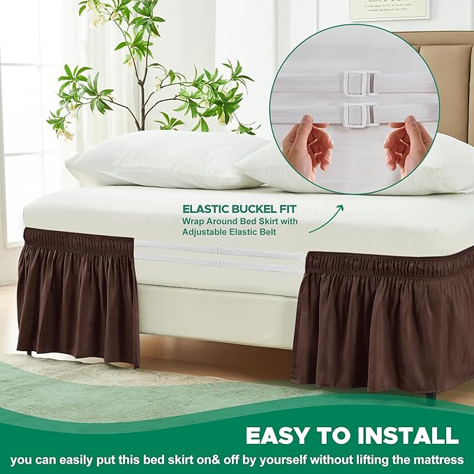 Biscaynebay Wrap Around Bed Skirts for Twin & Twin XL Beds Short Drop of 12", Brown Adjustable Elastic Dust Ruffles Easy Fit Wrinkle Resistant Silky Luxurious Fabric Machine Washable