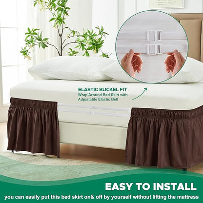 Biscaynebay Wrap Around Bed Skirts for King & Cal King Beds 17" Long Drop, Brown Adjustable Elastic Dust Ruffles Easy Fit Wrinkle & Fade Resistant Silky Luxurious Fabric Solid Machine Washable