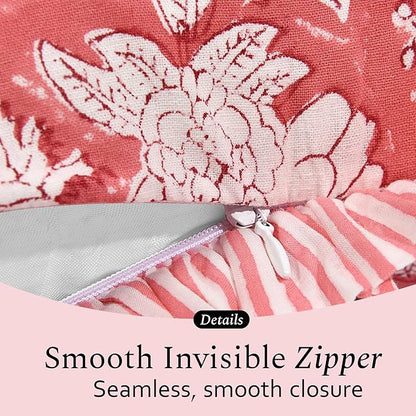 CPC Ruby Red 100% Cotton Block Print Ruffle Sham Cover 20X36 inch Pack of 2, Handmade Boho Floral Pillowcase, Soft Decorative King Bed Pillow Cover for Bedroom Décor