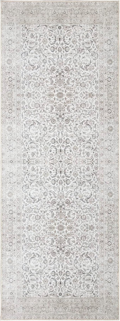 Bloom Rugs Washable Non-Slip 12 ft Runner - Beige/Off White Traditional Bordered Runner for Entryway, Hallway, Bathroom, and Kitchen - Exact Size: 2.5' x 12'