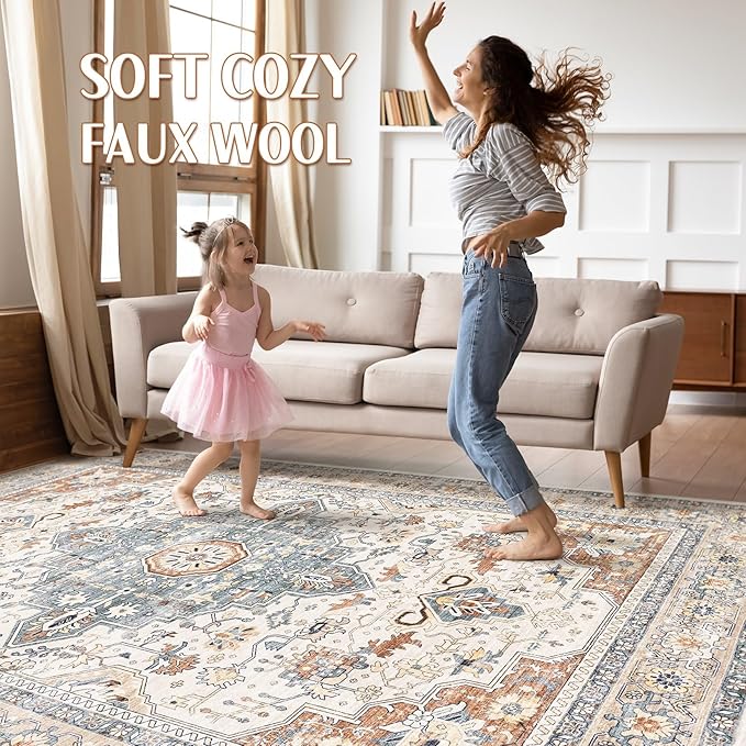 5x7 Area Rugs Living Room: Washable Boho Large Neutral Vintage Soft Rug Stain Resistant Distressed Farmhouse Non-Slip Indoor Floor Carpet for Bedroom Nursery Kids Office Dining Room- Beige Blue