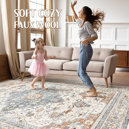 5x8 Area Rug Living Room: Washable Boho Large Neutral Vintage Soft Rugs Stain Resistant Distressed Farmhouse Non-Slip Indoor Floor Carpet for Bedroom Nursery Kids Office Dining Room- Beige Blue