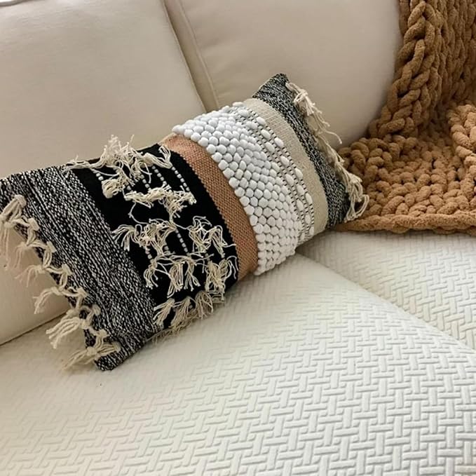 Decorative Boho-Chic Premium Pillow Cover 12x20 Handwoven Tufted Cotton Lumbar Accent Pillows, Neutral Earthly Color Throw Cushion, Farmhouse & Bohemian Home Decor (Limited Edition-Cover Only)