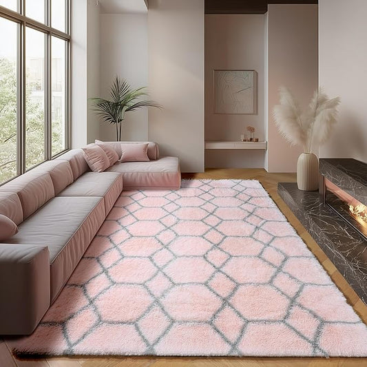 ONASAR 6x9 Area Rugs for Living Room Bedroom, Washable Large Fluffy Pink and Grey Throw Rug, Geometric Soft Plush Shaggy Fuzzy Floor Carpet for Nursery Kids Girls Boys Teen Dorm Home Office Decor