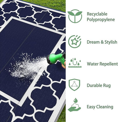 GENIMO 5' x 8' Outdoor Rug Waterproof for Patio Decor, Foldable Reversible Plastic Straw Area Rugs Mat for Camper, Outside Carpet for Rv, Deck, Porch, Picnic, Beach, Balcony, Blue & White