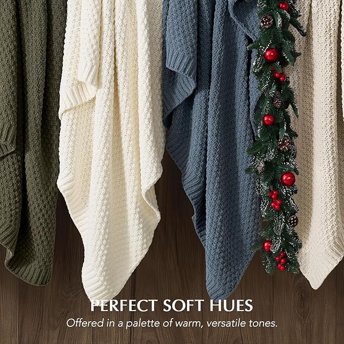 EVERGRACEHOME Chunky Chenille Knit Throw Blanket for Couch, Soft Luxurious Moss Stitch Blankets for Bed, Cozy Decorative Farmhouse Knitted Throws for Sofa, Beige, 60" x 80"