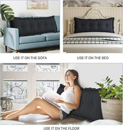 Large Bolster Reading Pillow King Backrest Positioning Support Pillow Daybed Cushion Headboard Pillows for Bed Bunk Sofa with Removable Cover, Black, 76x3x20 Inch
