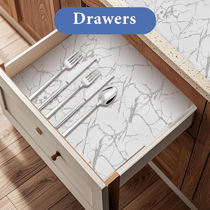 Drawer and Shelf Liner for Kitchen Cabinet: 17 in X 30 Ft Non Slip Waterproof Shelf Paper Non Adhesive Refrigerator Liners Silver Marble Easy Liners for Bathroom with Knife Tape Measure