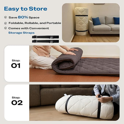 Aircliff Japanese Floor Futon Mattress, Roll Up Tatami Mat, Sleeping Pad, Shikibuton, CertiPUR-US Certified Foam Floor Mattress for Bed Sleeping, Dormitory, Guest Bed, Designed in Japan(Grey, Full)