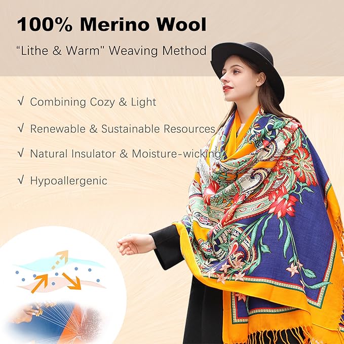 DANA XU 100% Merino Wool Extra Large Pashmina Blanket Travel Scarf Cashmere Wrap for Women Fall Winter Oversize Shawl Floral
