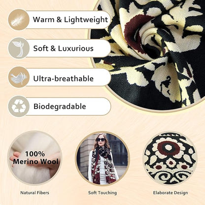 DANA XU 100% Merino Wool Pashmina Shawl for Women 96"x43", Oversized Cashmere Wrap with Tassels, Floral Travel Blanket Cape