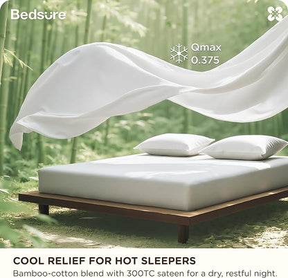 Bedsure Bamboo Rayon Cotton Sheets, Queen Sheet Set, Cooling, GentleSoft, Breathable, Deep Pocket Up to 18 Inches, Hotel Luxury Bedding for Hot Sleepers, White