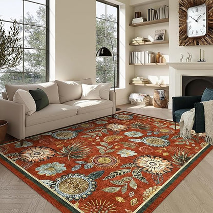 GarveeHome 8x10 Floral Washable Area Rug: Large Living Room Area Rug with Non-Slip Backing Washable Ultra Soft Bedroom Floral Carpet Indoor Stain Resistant Carpet for Dining Room 8 * 10 ft Brick Red