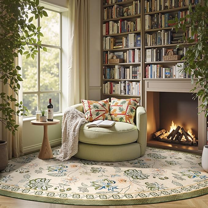 jinchan Elora Floral Corner Rug for Living Room Washable Rug Vintage Romance Christmas Design Non Slip Quarter Circle Lightweight Low-Pile Throw Carpet for Reading Playroom, 8ft Radius, Green/Beige