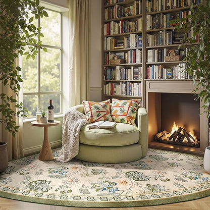 jinchan Elora Floral Corner Rug for Living Room Washable Rug Vintage Romance Christmas Design Non Slip Quarter Circle Lightweight Low-Pile Throw Carpet for Reading Playroom, 8ft Radius, Green/Beige