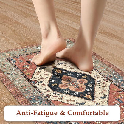 KIMODE Anti Fatigue Kitchen Mats for Floor,17.3" x 29" Vintage Red Cushioned Kitchen Rugs,Non-Slip Waterproof Kitchen Sink Standing Mat Wipe Clean for Kitchen Floor