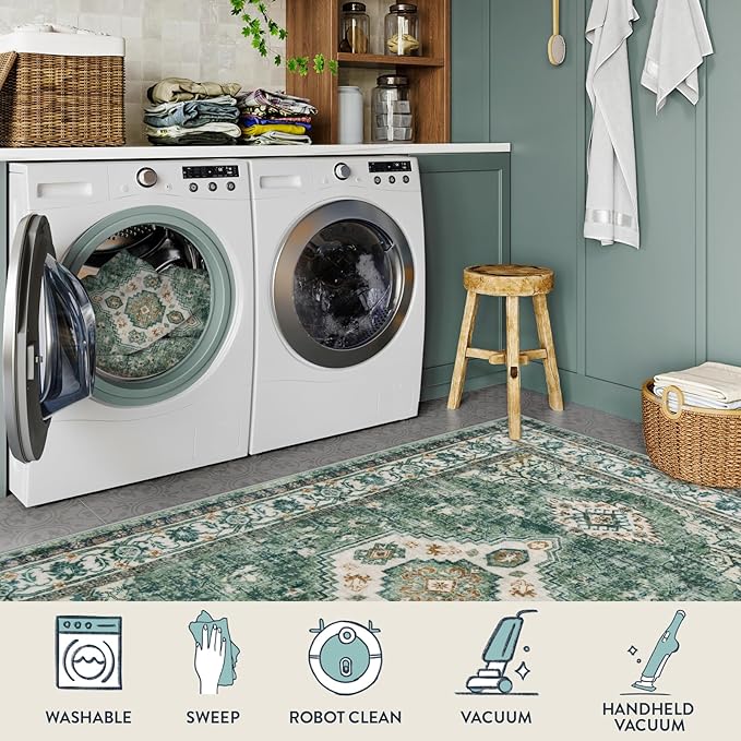 Lahome Oriental Machine Washable Rug, 3x5 Soft Green Rugs for Entryway Dorm, Non Slip Distressed Vintage Throw Carpet for Bedroom Living Room Entrance, Green/Multi
