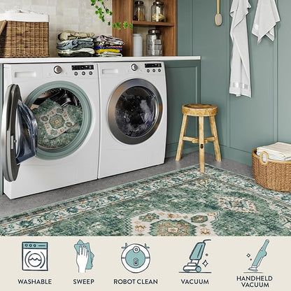 Lahome Oriental Small Rugs for Entryway, 2x3 Rug Non Slip Washable Door Mat Indoor Entrance Ultra-Thin Vintage Soft Carpet for Kitchen Bedroom Front Door Bathroom, Green/Multi