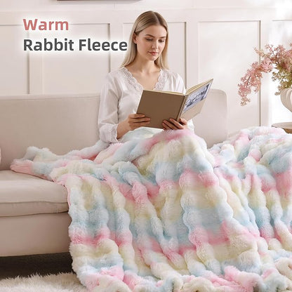 Smoofy Faux Fur Throw Blanket for Couch – Rainbow Fluffy Cozy Rabbit Fleece, Plush Soft Bubble Blanket for Sofa & Bed, for Mom, Warm Fuzzy Home Room Decor Throw 60" x 80"