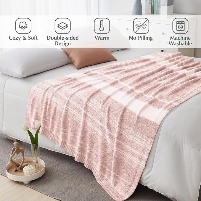 WRENGONGE Pink Twin Blanket, 60x80 Soft Cozy Microfiber Striped Twin Blankets for Couch, Sofa, Bed, Travel, Lightweight Fluffy Warm Plush Decorative Blankets for Women, Men,Kids Gift