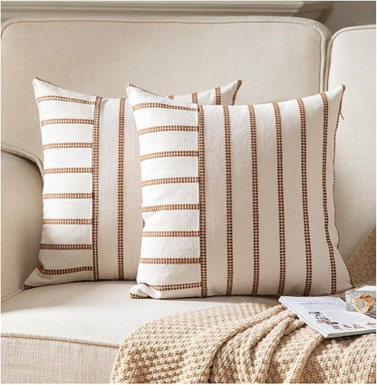 Caflife Boho Throw Pillow Covers 18x18 Set of 2 Soft Farmhouse Decorative Couch Pillow Cases Brown Striped Pillow Covers Neutral Cushion Covers for Sofa Bed Living Room Home Decor