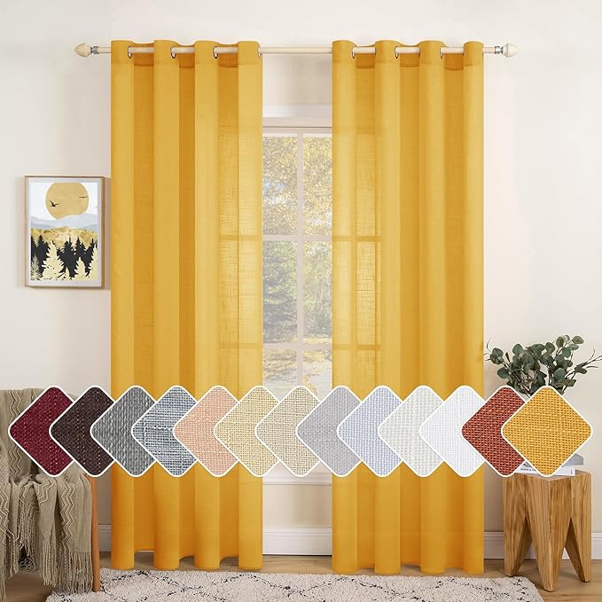 MIULEE Natural Linen Sheer Window Curtains - Elegant Mustard Yellow Fall Drapes Grommet Top Voile Panels Linen Textured Panels for Bedroom Living Room (52X96 Inch)