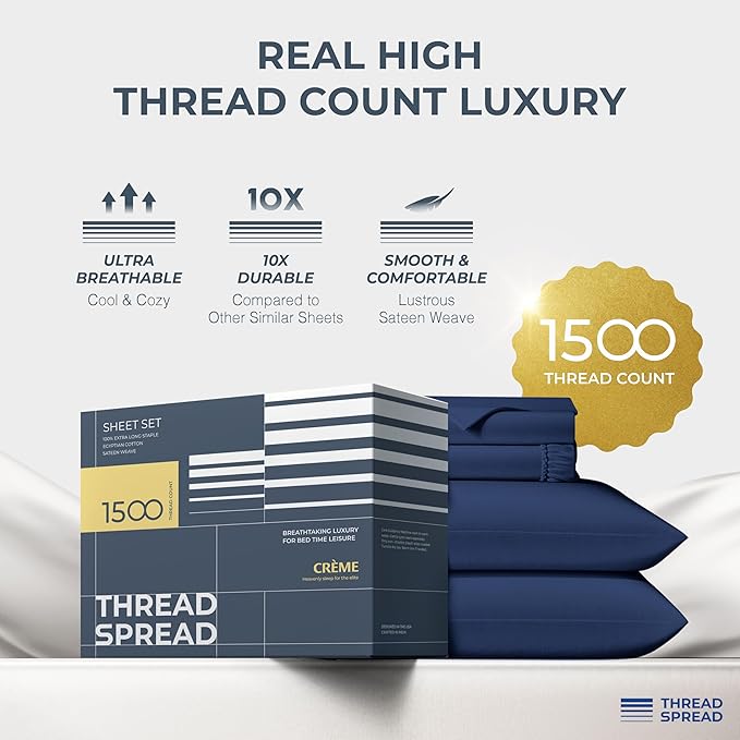 THREAD SPREAD 100% Egyptian Cotton California King Size Sheets - 1500 Thread Count, Cooling Sateen, Navy Blue