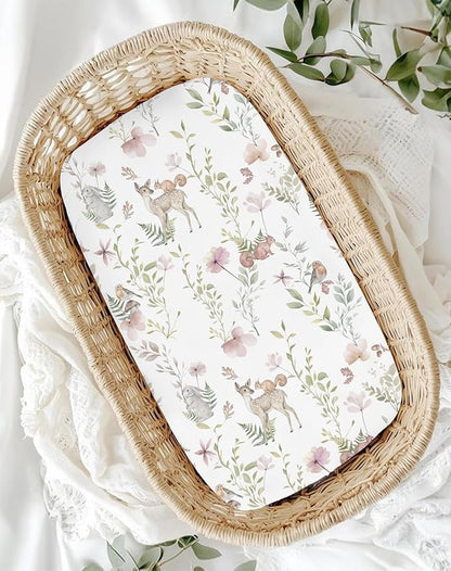 Bassinet Sheets for Baby Girls Boys 2 Pack, Fitted Baby Mattress Sheet for Rectangle, Oval, Hourglass Bassinet Mattress, Breathable Cozy & Universal Fit (Floral Fawn)