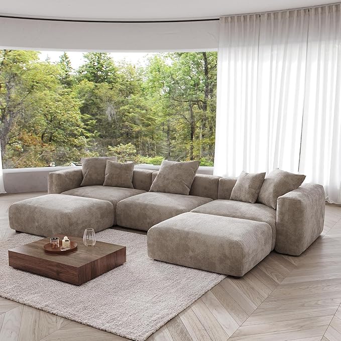 JACH 141" Oversized Modular Sectional Couch, Deep 3-Seats Corduroy Sofa with Chaise Ottomans, Huge Plus Convertible Soft Sofas, Minimalist Couches for Living Room, Apartment, Light Brown
