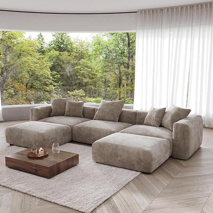 JACH 141" Oversized Modular Sectional Couch, Deep 3-Seats Corduroy Sofa with Chaise Ottomans, Huge Plus Convertible Soft Sofas, Minimalist Couches for Living Room, Apartment, Light Brown