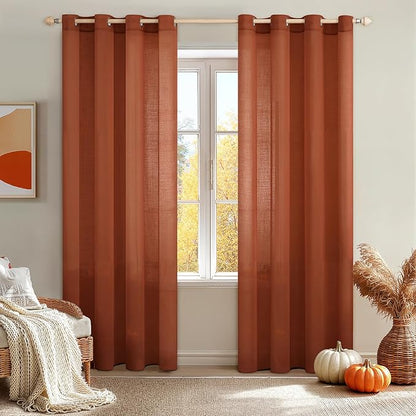MIULEE Burnt Orange 2 Panels 84 Inch Long Farmhouse Linen Sheer Window Curtains Elegant Terracotta Rust Fall Autumn Drapes Grommet Top Linen Textured Voile for Bedroom Living Room (52 X 96 Inch)