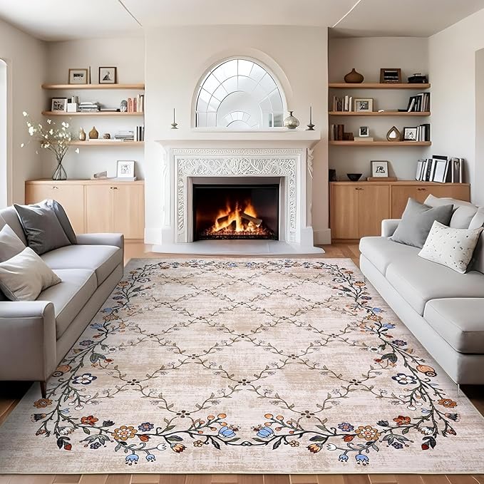 Garveehome 5x7 Washable Floral Area Rugs for Living Room: Modern Floral Non Slip Large Area Rugs for Bedroom, Large Machine Washable Living Room Low Pile Carpet with Non-Slip Backing Beige 5 ft x7 ft.
